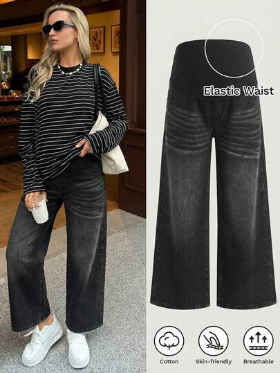 SHEIN Maternity High Waist Casual Versatile Wide Leg Jeans Blue Comfortable Maternity Dark Blue Denim Jeans Elastic High Waist Loose Fit Wide Leg Trousers For Pregnant Women Winter Spring Christmas New Year Thanksgiving Commuting Vacation Graduation Chic Y2k Cute Streetwear Party Wedding Elegant Business Casual Woman High Waist Wide Leg Pants Commuting & Versatile Elegant & Simple