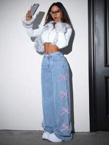 SHEIN PETITE 女款休閒寬鬆牛仔褲附蝴蝶結設計，女款蝴蝶結牛仔長褲，丹寧褲，冬季女裝，返校牛仔褲，外出下身褲，小個女款 - 淺色水洗藍 - 查看 4