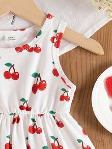 SHEIN Baby Girls' Cherry Print Round Neck Sleeveless Dress - White - View 5