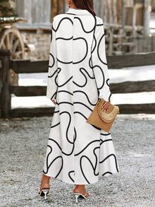 Omancia 1件女士休闲长袖随机印花前扣衬衫连衣裙长款女装 - 彩色 - 查看 2