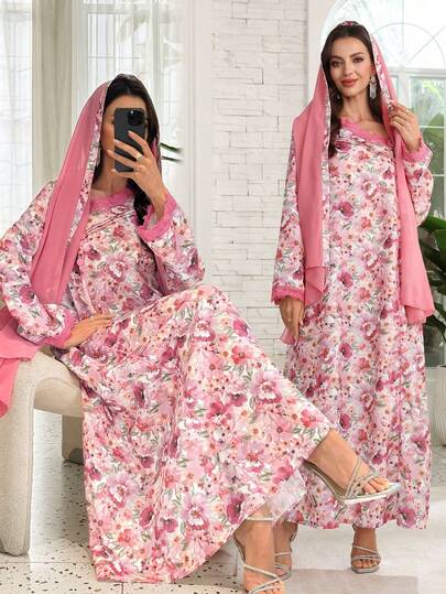 Al Najma Ribbon Patchwork Front Button Asymmetric Collar Print Dress With Headscarf