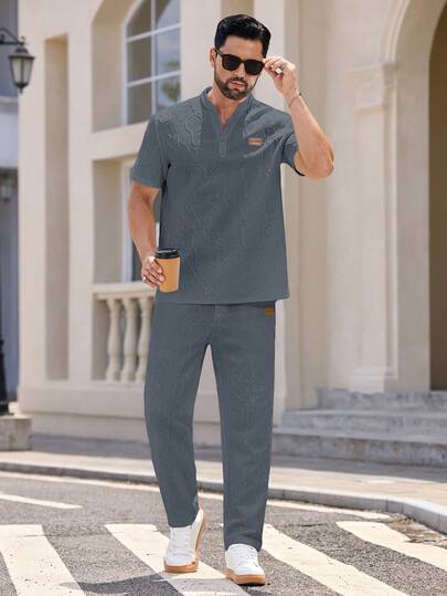 HIMLAND Men's Solid Color Notched Neck Short Sleeve T-Shirt And Drawstring Waist Slant Pocket Long Pants Set Men's Solid Color V-Neck Short Sleeve T-Shirt Set, Summer Daily Essential Wardrobe Staple Basic Style All-Match Style Go-To Piece Mix-And-Match Item Casual Versatile Style  Multi-Piece Set 2-Piece Set  Premium Textured Fabric Men White 2 Piece Outfit 2 Piece Set For Men Summer Men 2 Piece Set Shirt And Pants Set Men Old Money Boyfriend Gift, Summer, Couple Things Summer For Husband For Going Out Henley Shirt