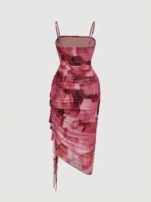 SHEIN MOD 大码女式粉色渐变印花荷叶边连衣裙，不对称下摆连衣裙，蓝色吊带连衣裙，情人节穿搭，春季女装，单身派对服装 - 彩色 - 查看 5