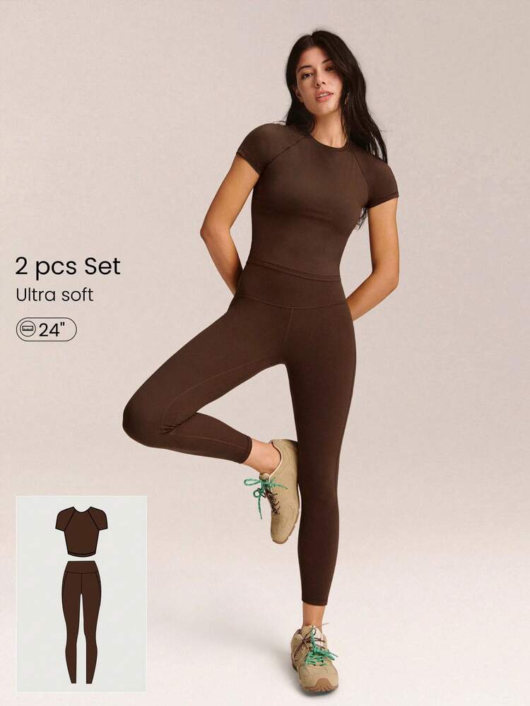 2 Pieces Everyday Glow Ultra-Soft Lightweight Stretchy Short-Sleeve Crew Neck Crop Top & FeatherFit™ Leggings Set Low Impact Daily Casual Street Wear