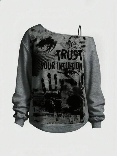 ROMWE Grunge Punk Plus Size Punk Rock Music Festival Dark Mysterious Eye & Palm Slogan Oblique Shoulder Sweatshirt