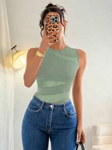Rafferiza Petite Elegant Sexy Round Neck Sleeveless Knitted Splicing Irregular Mesh Black Spring And Women's Summer Bodysuit Bodysuit Top Mesh Bodysuit Sleeveless Bodysuit Bodysuit Top - Green - View 4