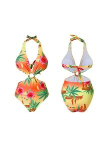 Swim Oasis Costum de baie dintr-o singură piesă, cu imprimeu floral tropical și leopard, portocaliu, model hawaian, cu halter, și fustă sarong - Multicolor - Vizualizare 6