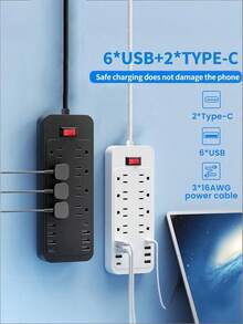Teckwe 16-In-1 Socket Power Protector, Multi-Socket Wall-Mountable Power Strip (8 AC Outlets + 6 USB Ports + 2 Type-C Ports), With A 6ft/180cm Flat Plug Cord. It Features A US Plug, 110V/220V Dual Voltage Compatibility And Power Supply Mode, Suitable For Travel, Home Offices And College Dorms-US Plug - View 5