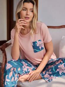 Doze Lane Casual Floral Print Pocket Short Sleeve Pajama Set For Women - Pink - View 1