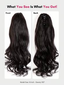 QUICK WEAR Ponytail Human Hair Clip On Ponytail Ponytail Extension 16 Inch Claw Clip Ponytail Extension Long Wavy Clip On Ponytails For Women Natural Black 100% Human Hair Extensions Ponytails Hair Extension - Natural Black - View 5