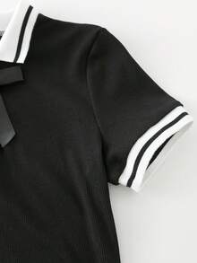 Vestido ajustado de punto acanalado con botones, cuello de contraste y bordado de mariposa para niña preadolescente, vestidos de verano en negro y blanco - Negro - Ver 5