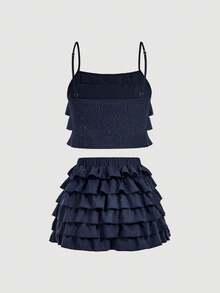 SHEIN MOD 两件套女士浪漫可爱藏蓝色荷叶边上衣和多层蛋糕裙套装，情人节服装，约会服装，休闲套装 - 寶藍色 - 查看 2