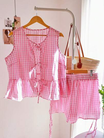 Comfortcana Light Pink Plaid Tie-Front 3-Bow Top And Shorts Two Pieces Set, Plus Size, Summer Summer Plaid Set Summer Two Piece Set