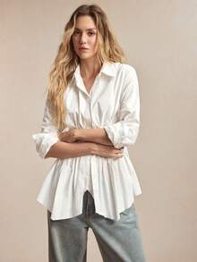 BizChic 春夏新款白色翻领纽扣不对称褶裥下摆衬衫，时尚优雅，适合狂欢派对和都市通勤。 - 白色 - 查看 6