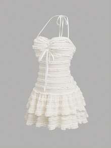 GlowEve 女士流行纹理荷叶边细肩带收腰多层休闲度假优雅短裙 - 杏色 - 查看 6