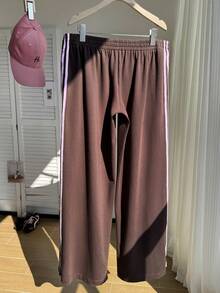 Comfortcana Comfortable Plus Size Brown Striped Sweatpants Made From Knitted Fabric With Drawstring Details For Casual Wear - Brown - View 2