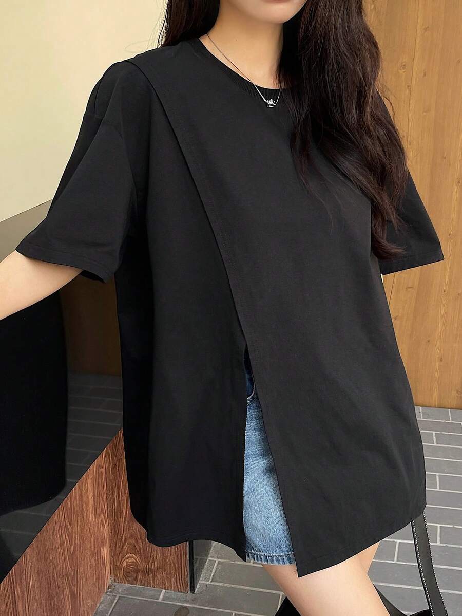 DAZY 女士圆领开衩下摆宽松休闲T恤，度假风 - 黑色 - 查看 1