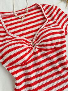 Sunnyshic Women's Red & White Striped Knit Jacquard Fabric V-Neck Short Sleeve Fitted Cropped T-Shirt, Elegant Casual Vacation Outfit, Spring/Summer - Red and White - View 4