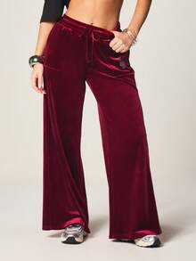 Missguided x Playboy Luxurious Burgundy Velvet Wide Leg Sweatpants With Drawstring Waist And Rhinestone Text Detail For Casual Comfort And Loungewear - Burgundy - View 4