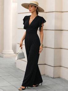 Editum Bộ jumpsuit đen thanh lịch dành cho nữ, cổ chữ V, chất liệu lưới ánh bạc, tay bồng, dáng ôm ống rộng, phù hợp cho các buổi tiệc cưới và liên hoan mùa xuân/hè. - Đen và trắng - Xem 4