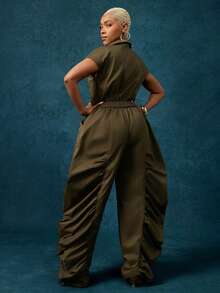 Vixey Olive Ruched Wide Leg Shirred Back Button Up Woven Utility Jumpsuit - Olive Green - View 2