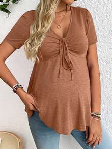 SHEIN Maternity Casual Drawstring Front Short Sleeve T-Shirt, Summer - Brown - View 4