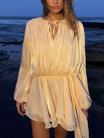 Opulessa Vestido corto de mujer de manga larga y unicolor holgado para vacaciones
