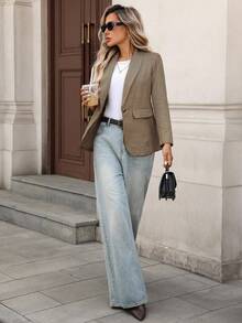 SHEIN LUNE Women's Casual Plaid Long Sleeve Blazer - Brown - View 3