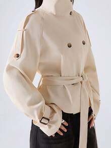 LYSMO 女士立领腰带设计纽扣休闲百搭日常长袖风衣外套 - 紫色 - 查看 8