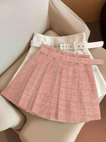 Franclia 时尚高腰显瘦A字褶裥半身裙，配腰带，女裙 - 粉色 - 查看 5