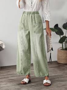 EMERY ROSE Women's Casual Everyday Elastic Waist Loose Straight Leg Jeans - Green - View 3