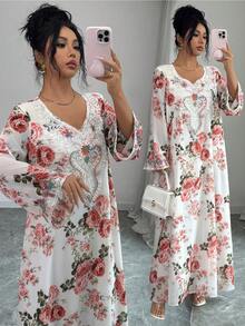 Yasmyna Vestido maxi de gasa holgado con estampado floral de cuentas y rhinestones, estilo árabe romántico para vacaciones - Multicolor - Ver 1