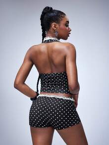 Y2Kool Vecteezy Women's Sexy Polka Dot Print Lace Trim Backless Tie Front Top And Shorts 2 Piece Set, Summer - Black and White - View 2