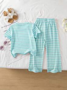 Genkimix Kids Young Girls Casual Textured Striped T-Shirt & Fashionable Flare Pants Set, Suitable For Summer, Outdoor Wear - Baby Blue - View 2