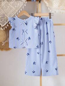 Elladie kids Young Girl Textured Fabric Short Sleeve Button Back T-Shirt & Casual Long Pants 2-Piece Set - Blue - View 1