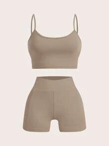 SHEIN EZwear New Spring/Summer Knitted Women Khaki Sports & Casual Multi-Piece Outdoor Suit Nude Two Piece Set Two Piece Set Curve Tights Two Piece Set Women Beige Two Piece Set Legging Two Piece Set - Khaki - View 5