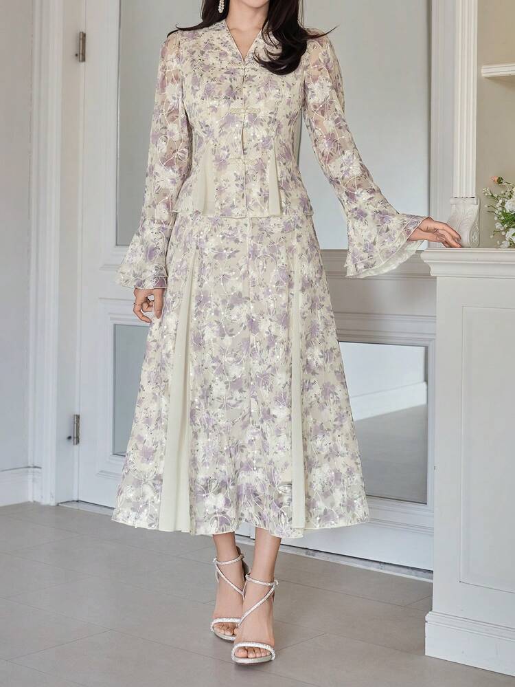 Women's Elegant Floral Contrast Color Patchwork Flare Ruffle Sleeve Shirt And Skirt 2-Piece Set, Spring/Summer,Wedding Guest Dress Women