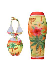 Swim Oasis Costum de baie dintr-o singură piesă, cu imprimeu floral tropical și leopard, portocaliu, model hawaian, cu halter, și fustă sarong - Multicolor - Vizualizare 2