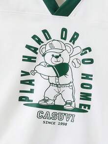 Casuvi Kids 儿童女童V领撞色条纹T恤和休闲短裤两件套，复古泰迪熊图案，日常夏季穿搭 - 白色 - 查看 4