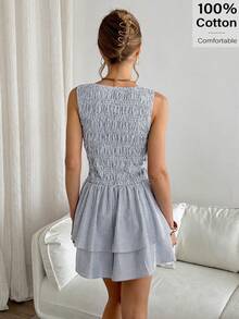 Siren Gaze Đầm ngắn không tay cổ tròn xếp nếp kẻ sọc dành cho nữ - Xanh và trắng - Xem 3