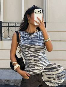 Siren Gaze Women's Sequin Zebra Print Slim Fit Sleeveless Tank Top, Summer - Black and White - View 3