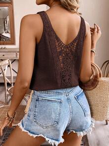 SHEIN Frenchy 女士夏季度假纯色蕾丝拼接纹理面料吊带背心 - 咖啡棕 - 查看 3