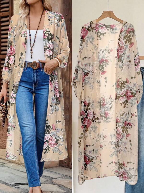 EMERY ROSE Jaqueta feminina longa casual com estampa floral, ideal para o dia a dia no outono/inverno.