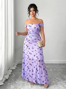 Elenzga Abito a-line da donna taglie forti con scollo quadrato, maniche a palloncino in rete e stampa floreale, design arricciato in vita, adatto per appuntamenti, vacanze e primavera/estate - Multicolore - Visualizzare 4