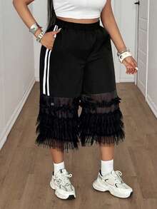 Maweii Quần dài nữ cỡ lớn màu đen phối ren lưới tương phản, quần đen, ren tương phản, trang phục thường ngày dành cho nữ, phù hợp cho hàng ngày, dự tiệc, kỳ nghỉ, dạo phố, bộ đồ đi nghỉ mát cho nữ, trang phục mùa hè 2 mảnh cho nữ, bộ đồ 2 mảnh thường ngày cho nữ. - màu đen - Xem 2