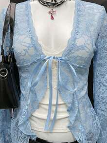 EgrlEra Women's Sexy Contrast Lace V-Neck Lace Trim Blouse - Blue - View 7