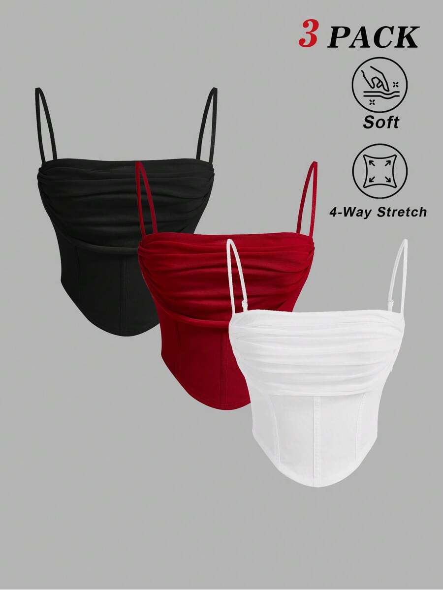 SHEIN MOD 3件套女士纯色褶皱时尚吊带背心，春夏款，适合鸡尾酒会、西部风、复古风、70年代风、日常穿着、假日、野餐、约会、度假、生日、节日、海滩度假、外出、下午茶、日常穿着、派对、情人节、女士嘉年华服装 - 彩色 - 查看 1