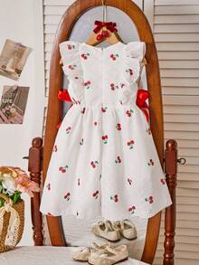 女童樱桃印花短袖连衣裙，带蝴蝶结，适合夏季和假期穿着 - 白色 - 查看 2