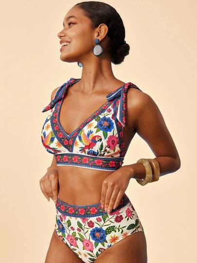 Travachic Women's Summer Beach Floral Print Twist Front Sexy Bikini Swimsuit Set,Beach,Beach Outfits For Women,Beach Set,Going Out,Vacation,Vacation Outfits Women,Holiday,Summer,Summer Clothes,Summer Outfits For Women,Valentine's Day,Carnival,Carnival Costume,Party ,Going Out,Going Out Outfits,Casual,Elegant,Y2k,Flower,White ,Red ,Pink