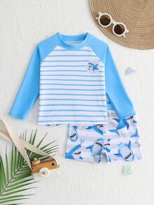Conjunto de camiseta de protección solar y bañador con estampado de tiburón a rayas para niño pequeño, traje de baño de verano - Multicolor - Ver 1